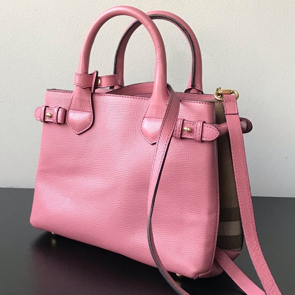 Burberry Pink House Check Leather Small Banner Top Handle Bag - Picture 2 of 6